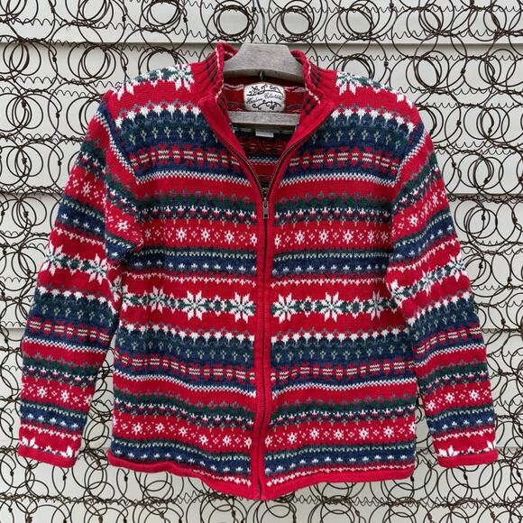 Y2K Heirloom Collectibles Fair Isle Nordic Ski Zip Cardigan Sweater Red Blue S - Picture 1 of 10